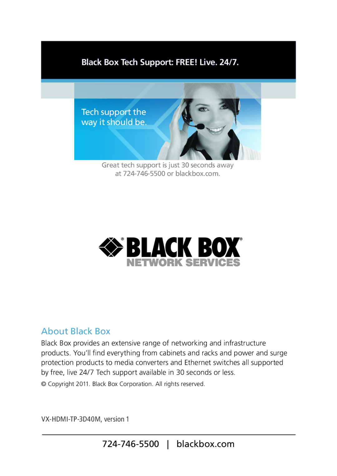 Black Box VX-HDMI-TP-3D40M, 3D HDMI Extender manual Chapter, Black Box Tech Support FREE! Live /7 