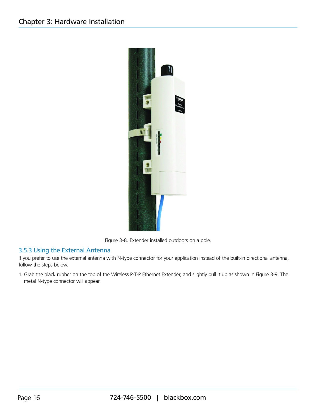 Black Box LWE100A-W2, LWE100A-W1, LWE100AE, LWE100A-KIT Using the External Antenna, Extender installed outdoors on a pole 