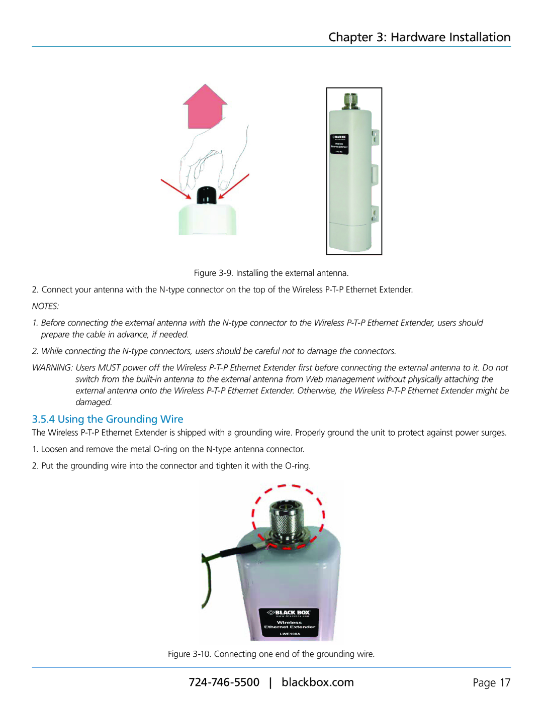 Black Box Wireless P-T-P Ethernet Extender, LWE100A-W1 Using the Grounding Wire, Connecting one end of the grounding wire 