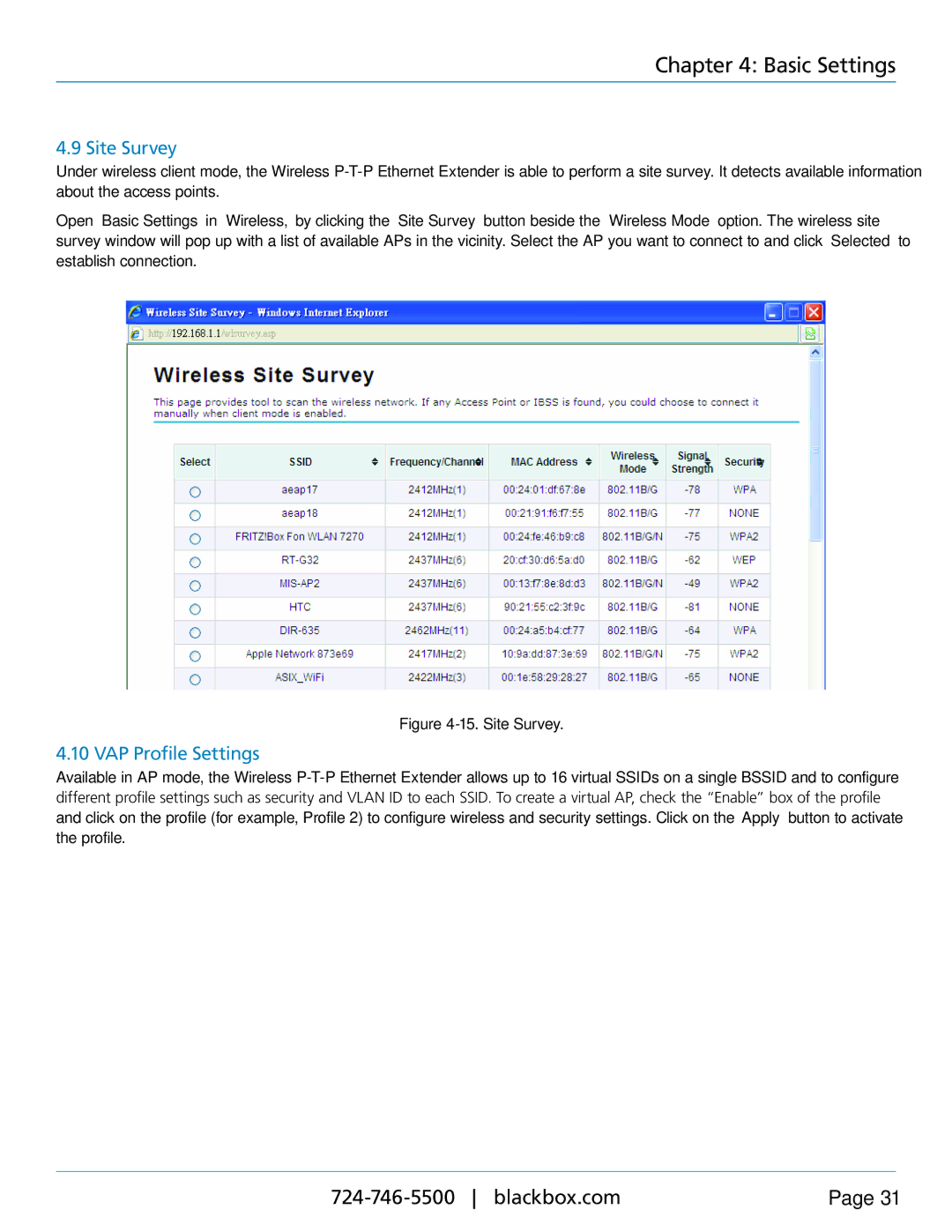 Black Box LWE100AE-KIT, LWE100A-W1, LWE100A-KIT-W1, LWE100A-KIT-W2, LWE100A-W2 user manual Site Survey, VAP Profile Settings 