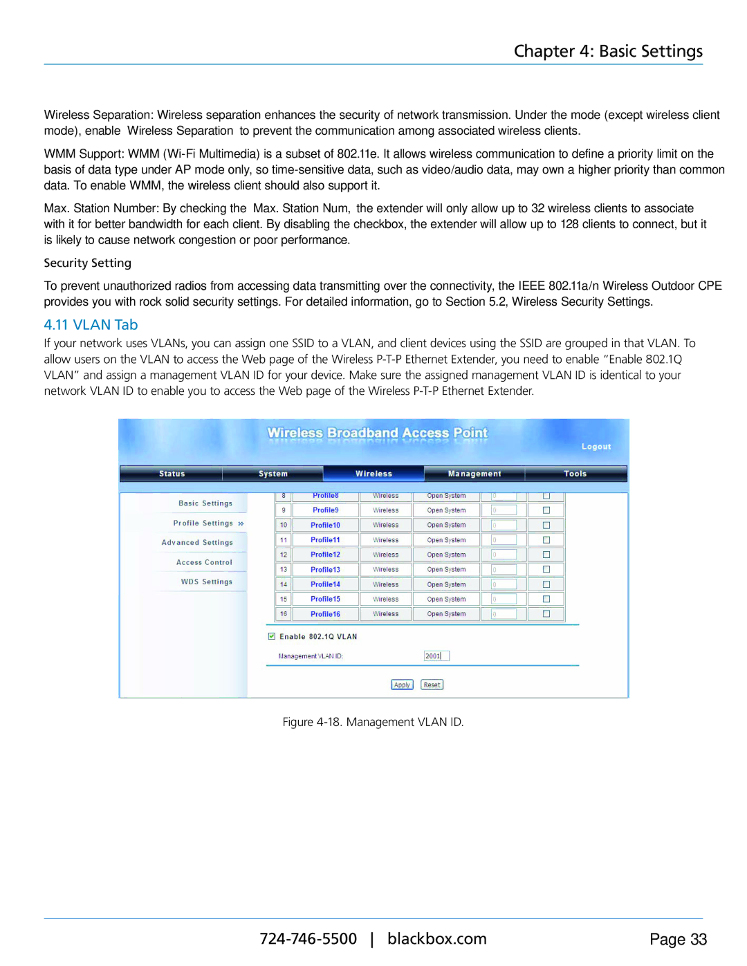 Black Box LWE100A-KIT-W2, LWE100A-W1, LWE100AE-KIT, LWE100A-KIT-W1, LWE100A-W2 user manual Vlan Tab, Management Vlan ID 