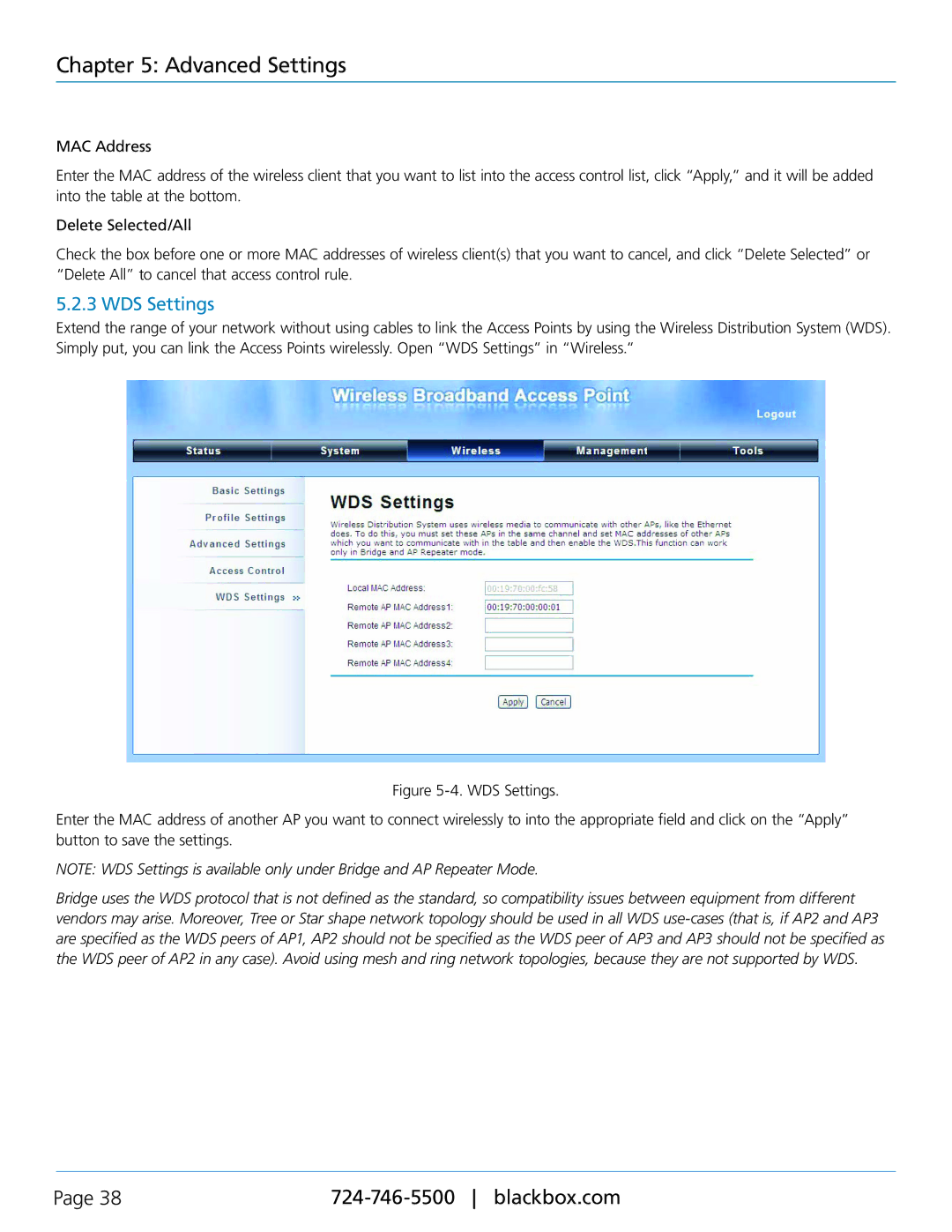 Black Box LWE100A-W1, LWE100AE-KIT, LWE100A-KIT-W1, LWE100A-KIT-W2, LWE100A-W2 user manual WDS Settings 