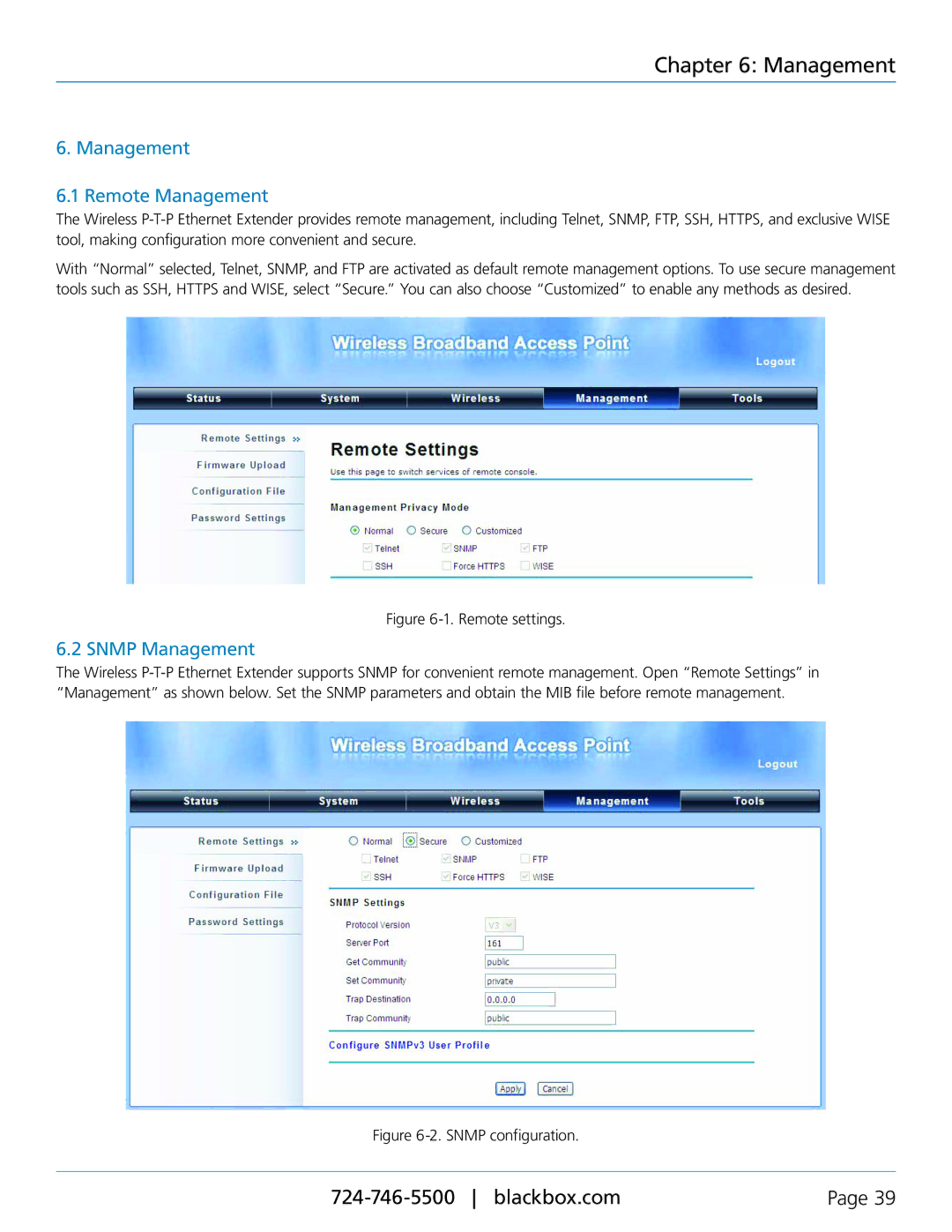 Black Box LWE100A-W1, LWE100AE-KIT, LWE100A-KIT-W1, LWE100A-KIT-W2 Management Remote Management, Snmp Management 