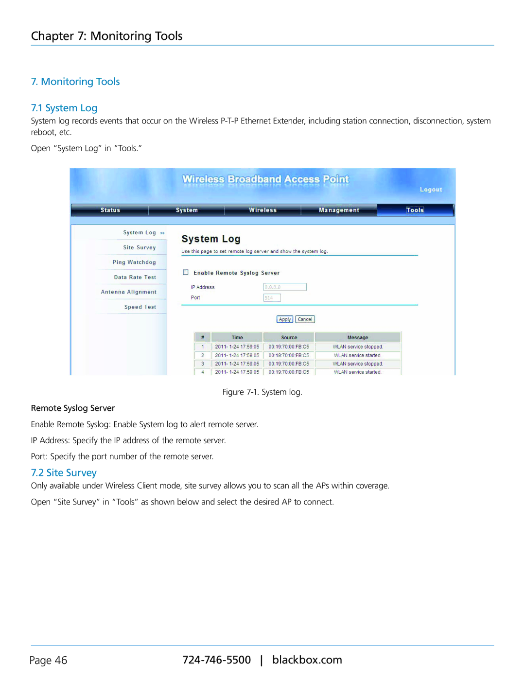 Black Box LWE100A-W1, LWE100AE-KIT, LWE100A-KIT-W1, LWE100A-KIT-W2, LWE100A-W2 Monitoring Tools System Log 