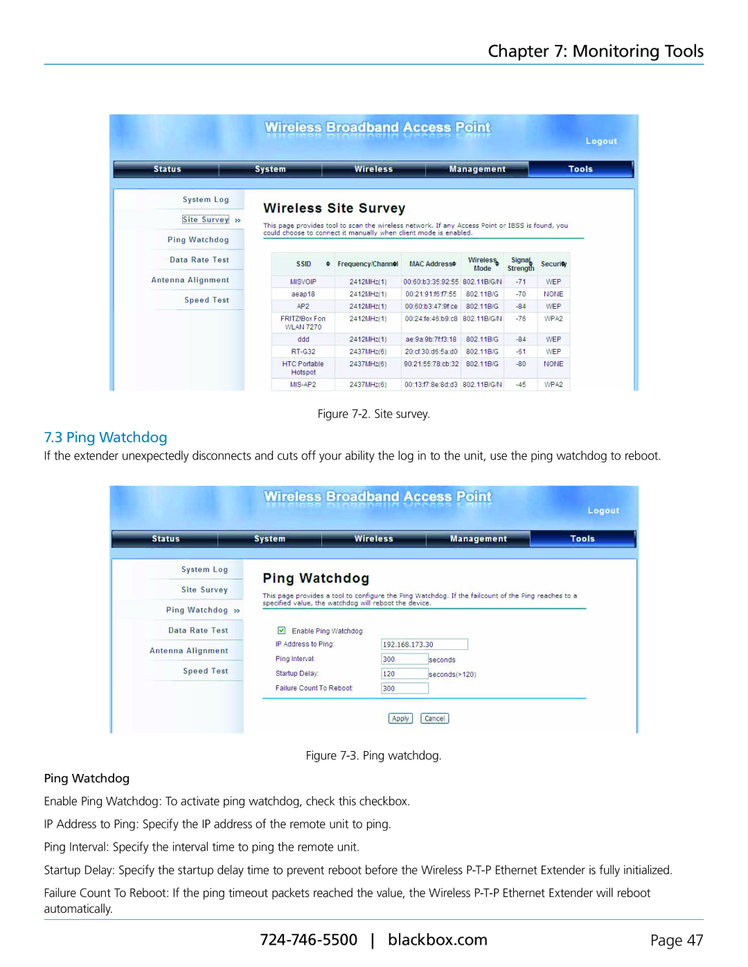 Black Box LWE100A-W1, LWE100AE-KIT, LWE100A-KIT-W1, LWE100A-KIT-W2, LWE100A-W2 user manual Ping Watchdog, Site survey 