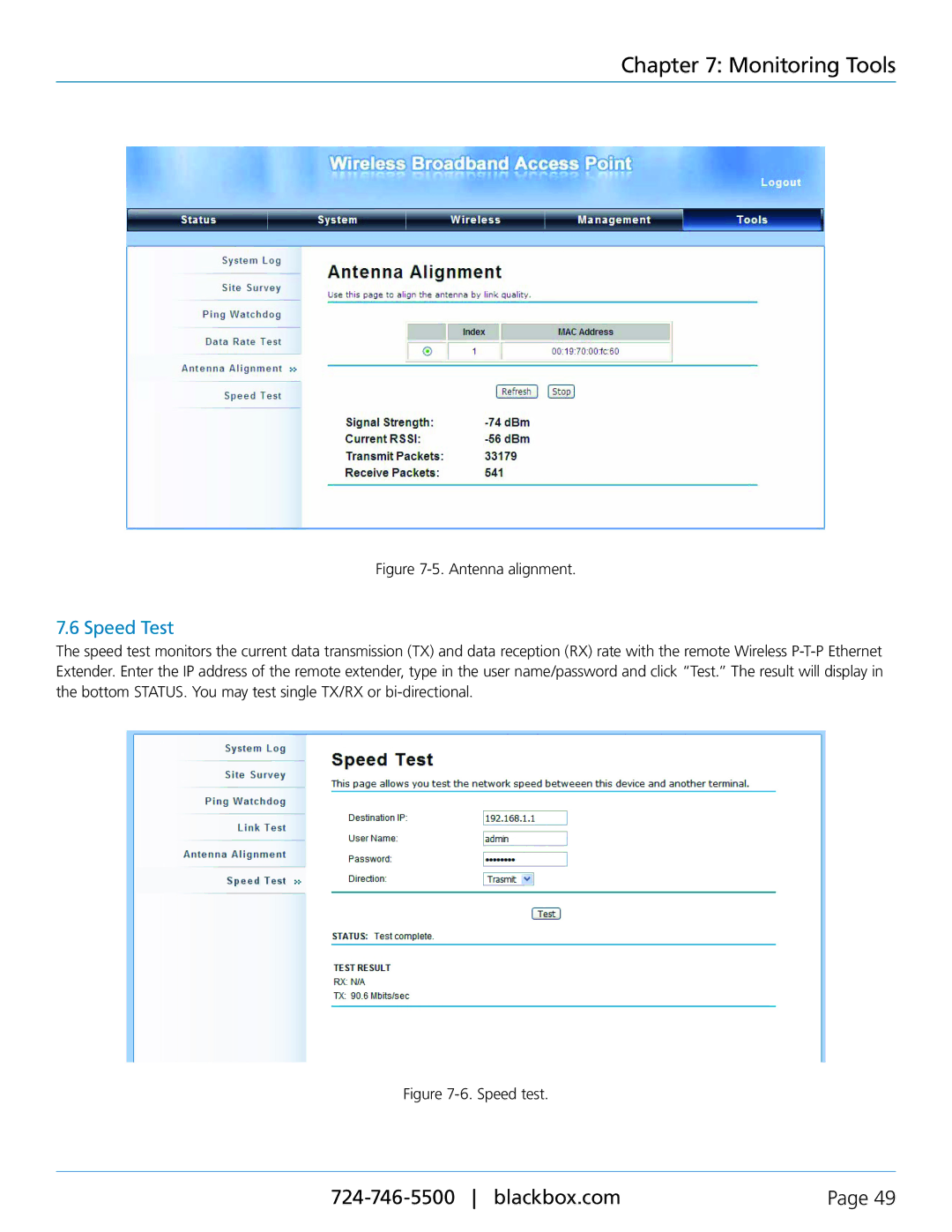 Black Box LWE100AE-KIT, LWE100A-W1, LWE100A-KIT-W1, LWE100A-KIT-W2, LWE100A-W2 user manual Speed Test, Antenna alignment 