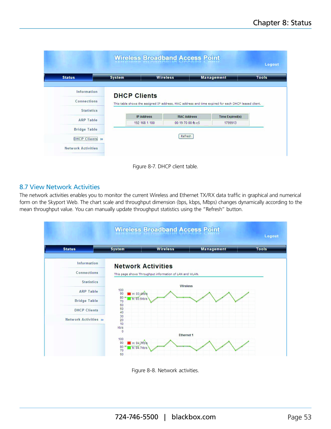 Black Box Wireless P-T-P Ethernet Extender, LWE100A-W1, LWE100AE, LWE100A-KIT View Network Activities, Dhcp client table 