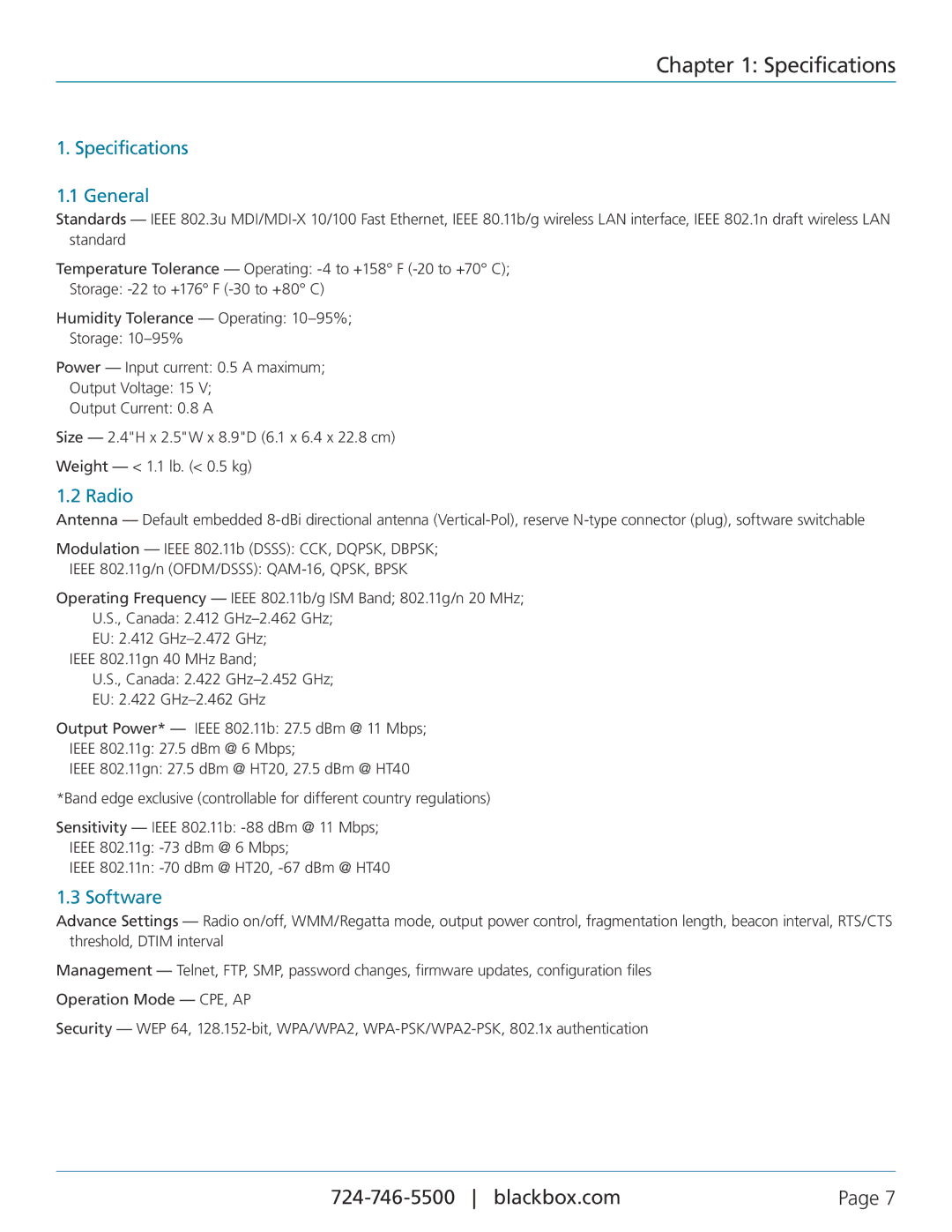 Black Box LWE100A-W2, LWE100A-W1, LWE100AE-KIT, LWE100A-KIT-W1 user manual Specifications General, Radio, Software 