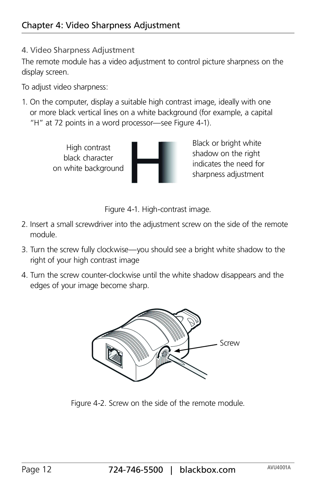 Black Box AVU4001-PS, AVU4001A, wizard multimedia extender LP manual Video Sharpness Adjustment 