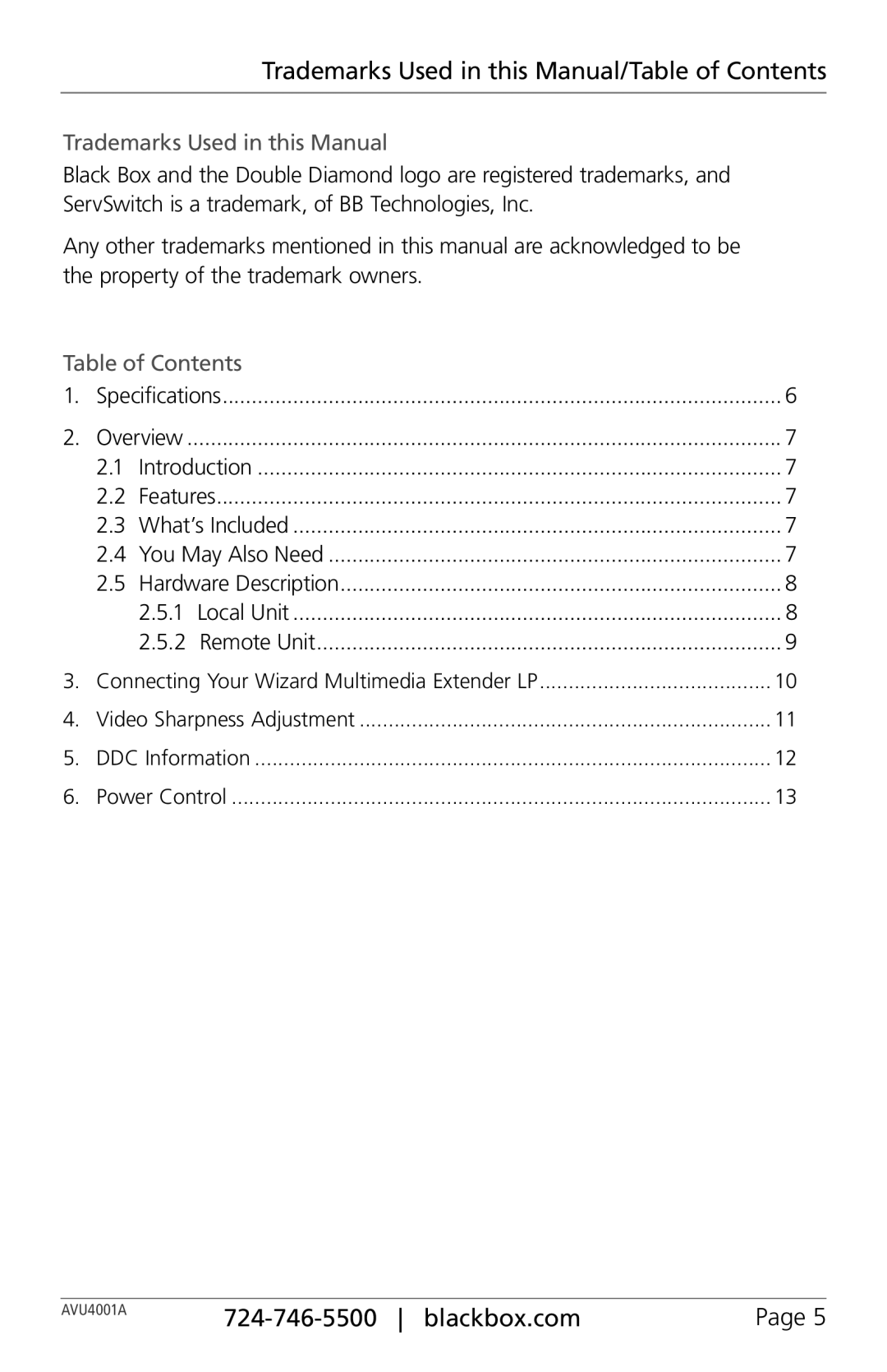 Black Box wizard multimedia extender LP, AVU4001-PS, AVU4001A manual Trademarks Used in this Manual/Table of Contents 