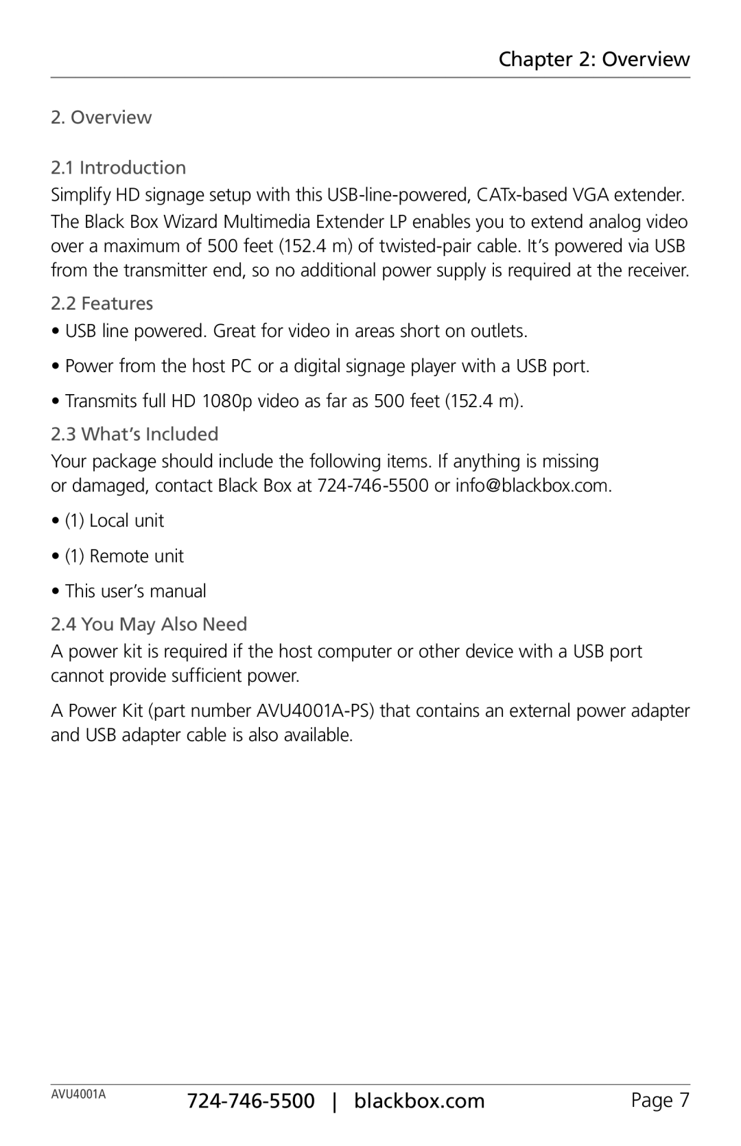 Black Box AVU4001A, AVU4001-PS manual Overview 2.1 Introduction, Features, What’s Included, You May Also Need 