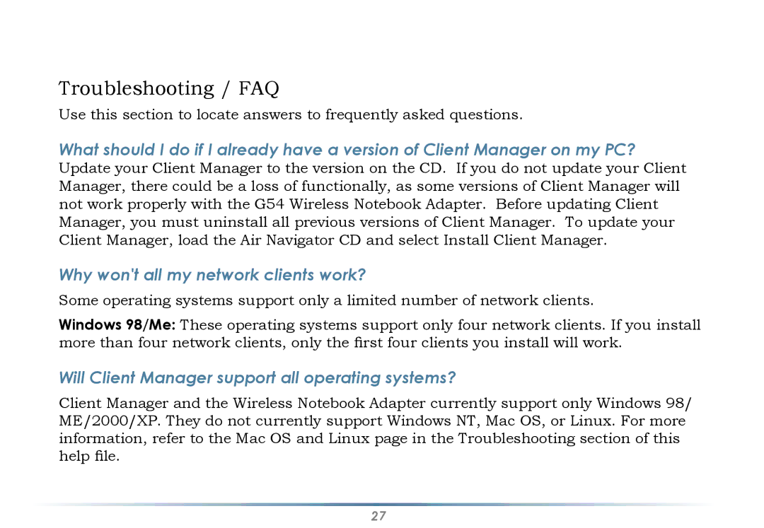 Black Box WLI-CB-G54HP user manual Troubleshooting / FAQ, Why wont all my network clients work? 