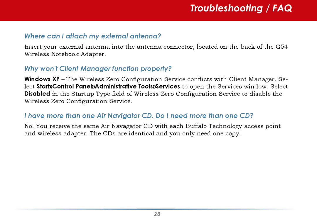 Black Box WLI-CB-G54HP user manual Where can I attach my external antenna?, Why wont Client Manager function properly? 