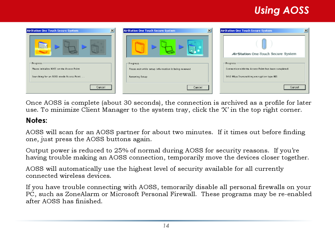 Black Box WLI-CB-G54S user manual Using AOSS, Notes 