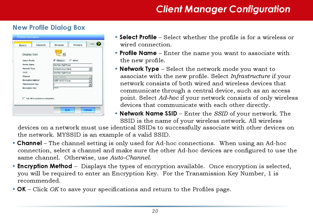 Black Box WLI-CB-G54S user manual Client Manager Configuration, New Profile Dialog Box 