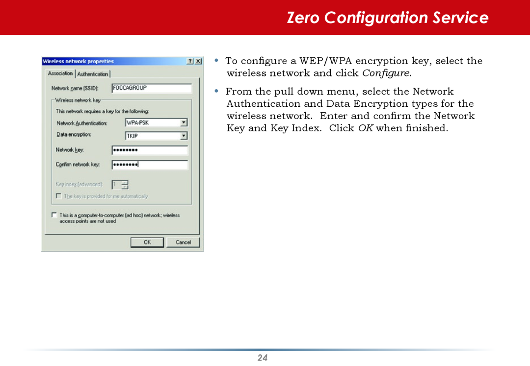 Black Box WLI-CB-G54S user manual Zero Configuration Service, Key and Key Index. Click OK when finished 