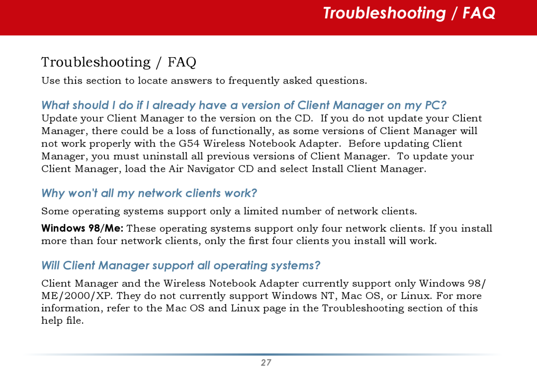 Black Box WLI-CB-G54S user manual Troubleshooting / FAQ, Why wont all my network clients work? 