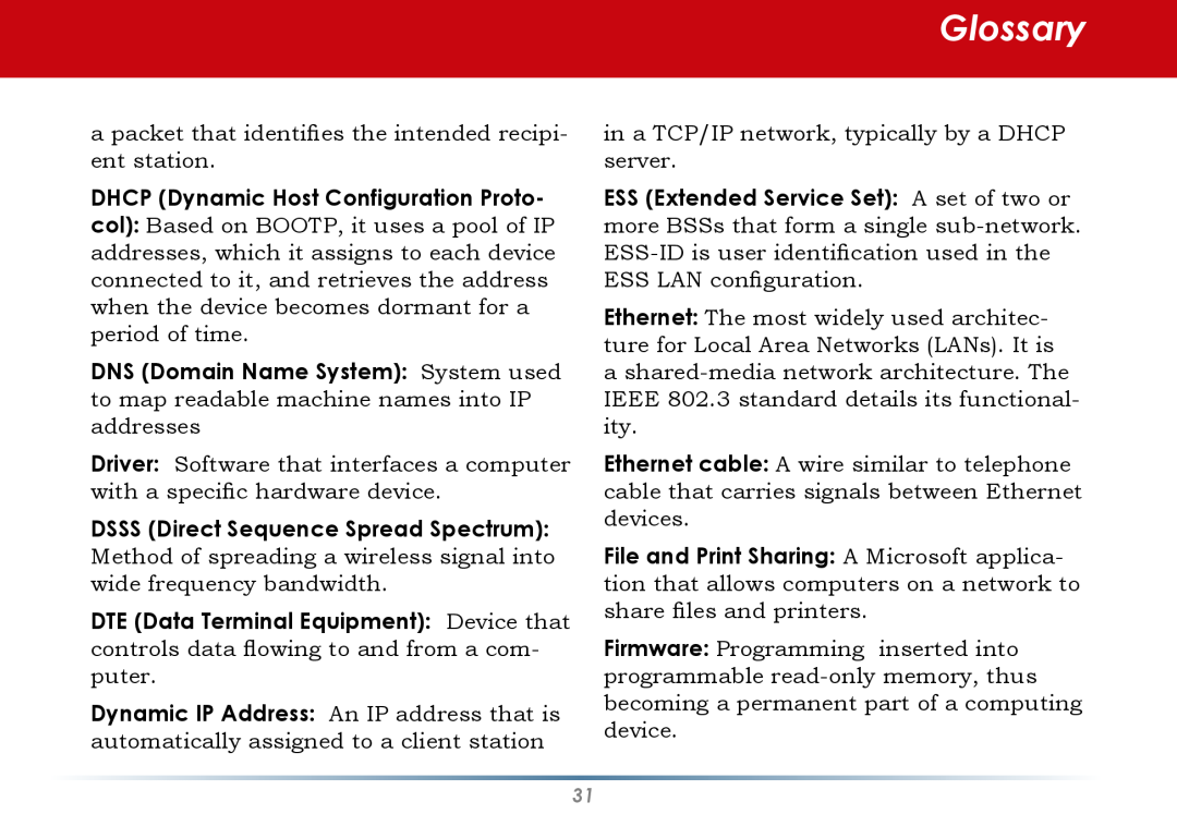Black Box WLI-CB-G54S user manual Glossary, in a TCP/IP network, typically by a DHCP server 