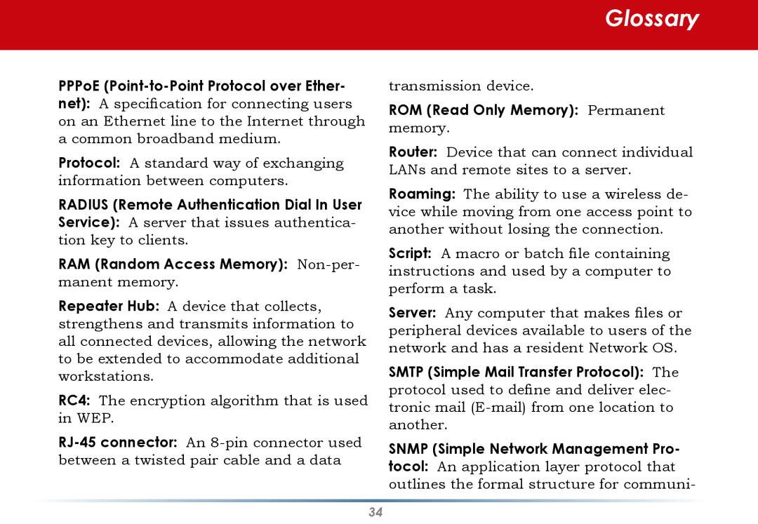 Black Box WLI-CB-G54S user manual Glossary, RAM Random Access Memory: Non-per-manent memory 