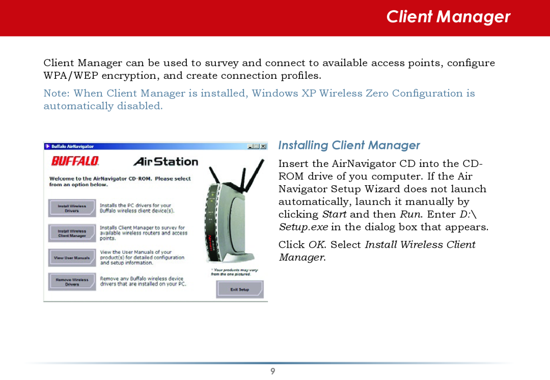 Black Box WLI-CB-G54S user manual Installing Client Manager 