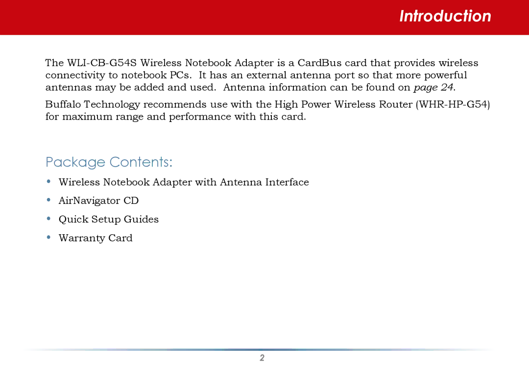 Black Box WLI-CB-G54S user manual Introduction, Package Contents 