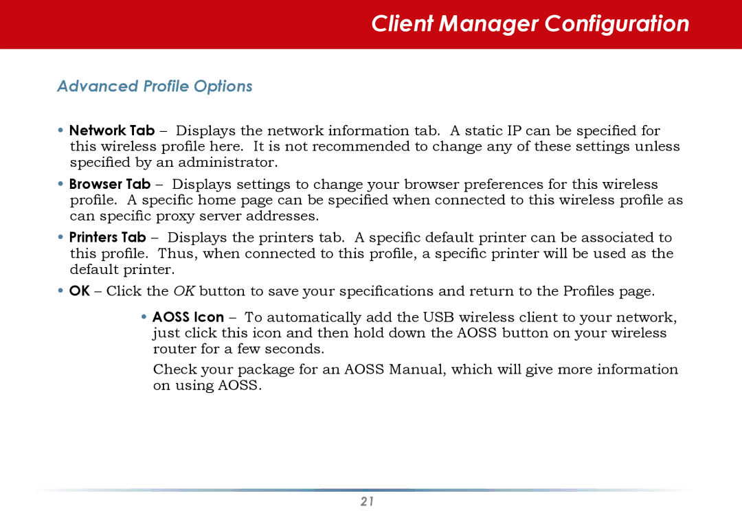 Black Box WLI-CB-G54S user manual Advanced Profile Options 