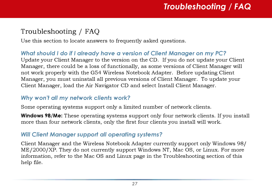 Black Box WLI-CB-G54S user manual Troubleshooting / FAQ, Why wont all my network clients work? 