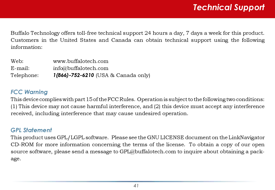 Black Box WLI-CB-G54S user manual Technical Support, FCC Warning, GPL Statement 