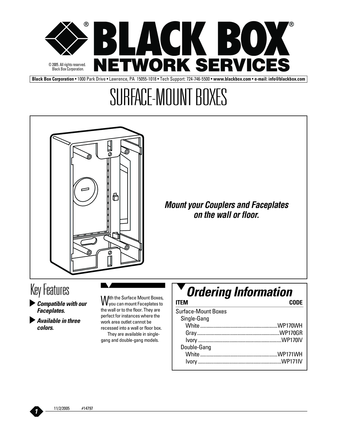 Black Box WP170IV, WP171IV, WP170GR, WP171WH manual SURFACE-MOUNT Boxes, Ordering Information, Key Features, Code 