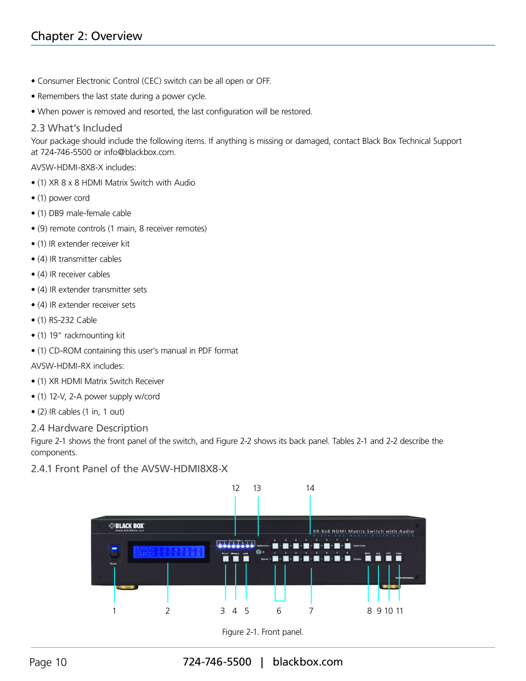 Black Box AVSW-HDMI-RX manual What’s Included, Hardware Description, Front Panel of the AVSW-HDMI8X8-X, Overview, Page 