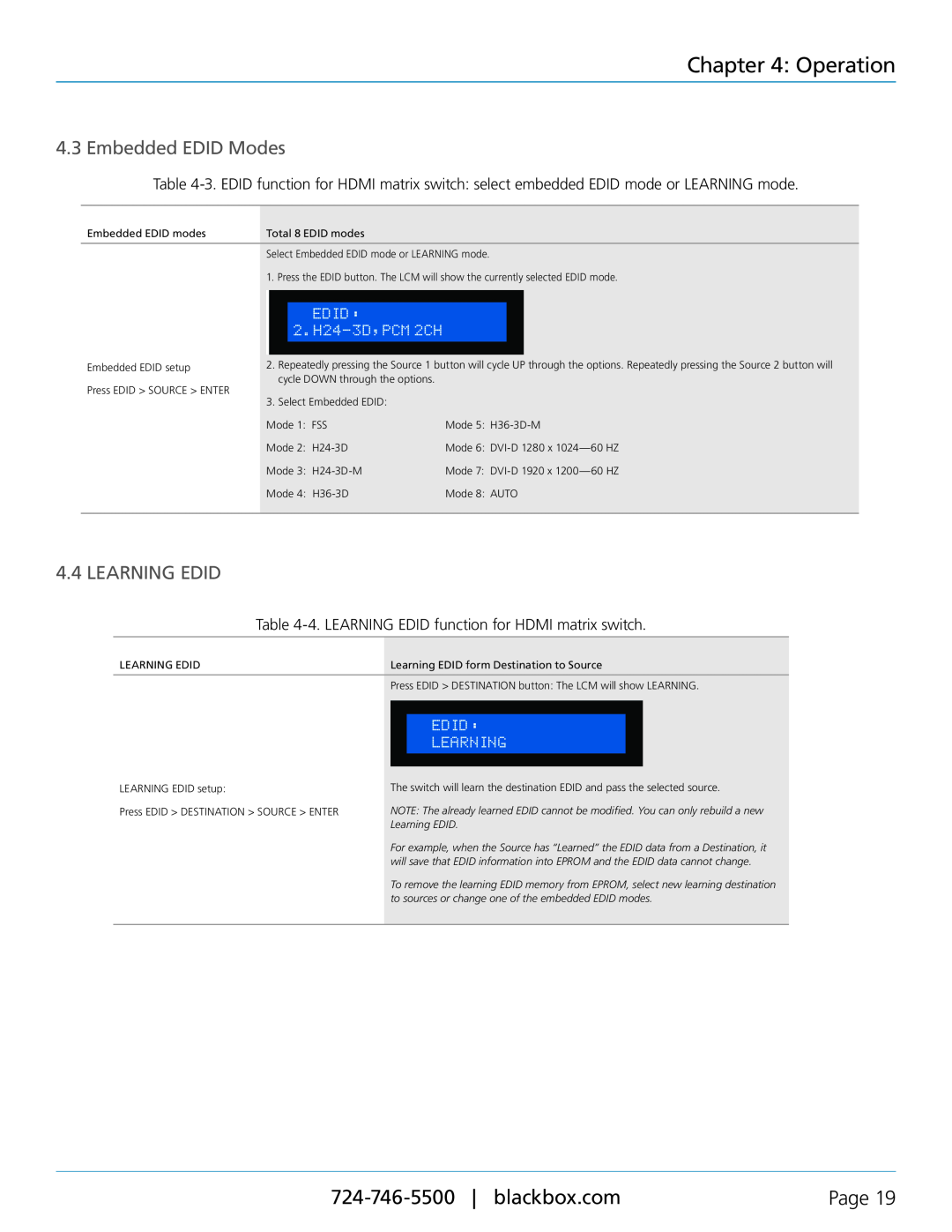 Black Box AVSW-HDMI-RX, AVSW-HDMI8X8-X manual Embedded EDID Modes, Learning Edid, Operation, Page 