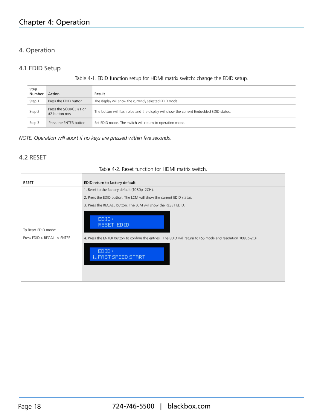 Black Box AVSW-HDMI8X8-X, AVSW-HDMI-RX manual Operation 4.1 Edid Setup, Reset function for Hdmi matrix switch 