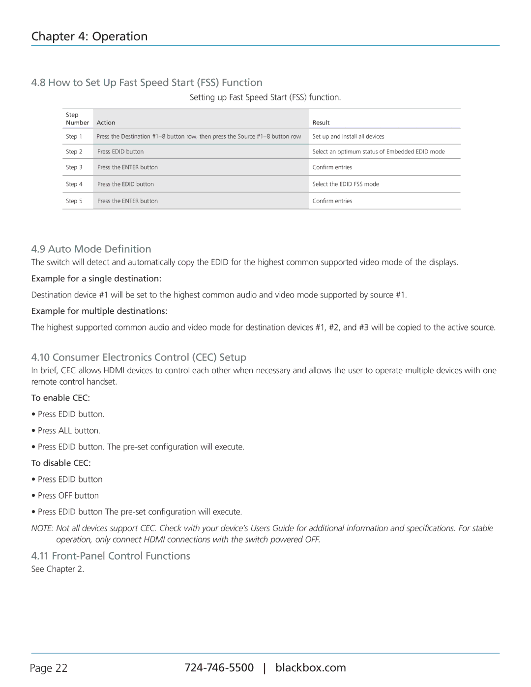 Black Box AVSW-HDMI-RX How to Set Up Fast Speed Start FSS Function, Auto Mode Definition, Front-Panel Control Functions 