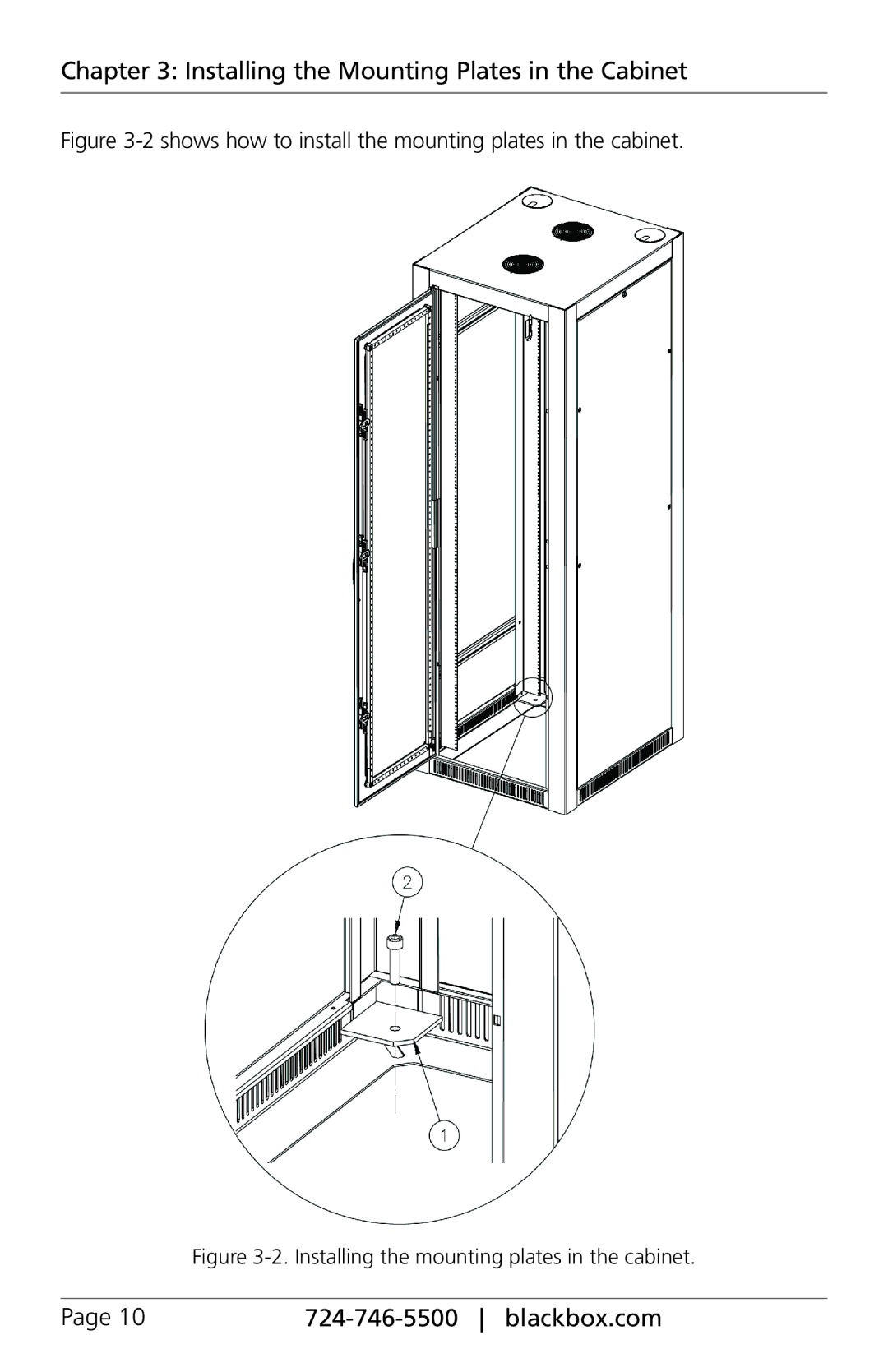 Black Box RMS100A, RMS110A, Zone 4 Seismic Cabinets, 45U manual Shows how to install the mounting plates in the cabinet 