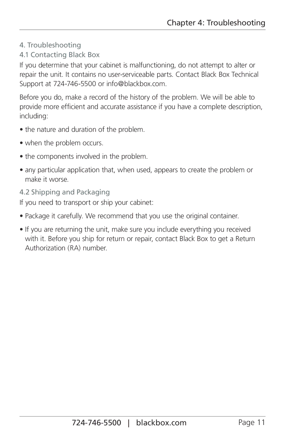 Black Box Zone 4 Seismic Cabinets, 45U, RMS110A, RMS100A Troubleshooting Contacting Black Box, Shipping and Packaging 