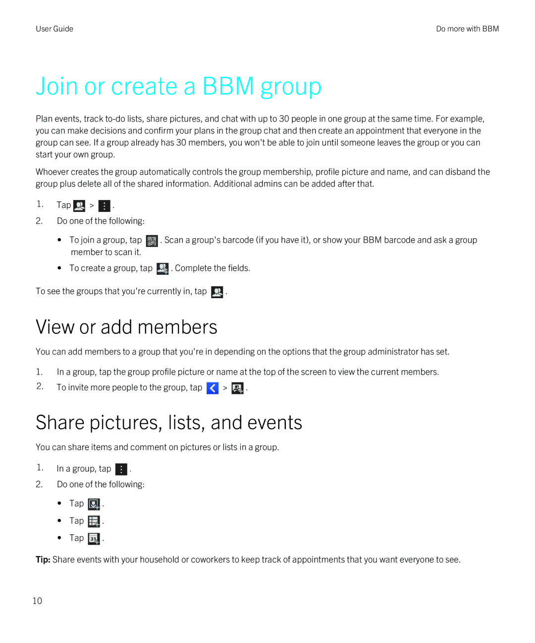 Blackberry 1 manual Join or create a BBM group, View or add members, Share pictures, lists, and events 