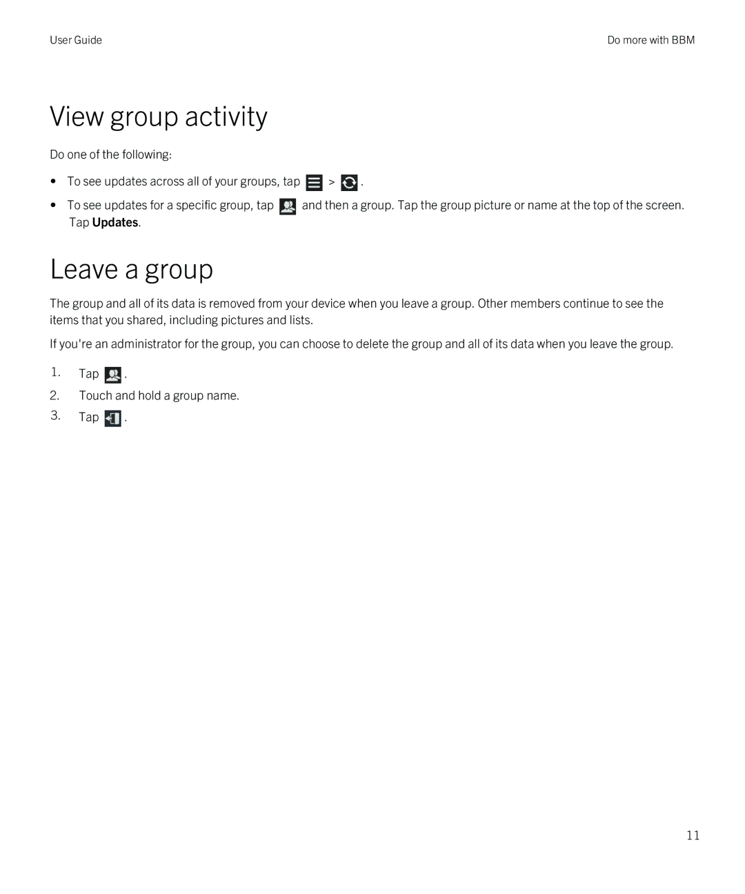 Blackberry 1 manual View group activity, Leave a group 