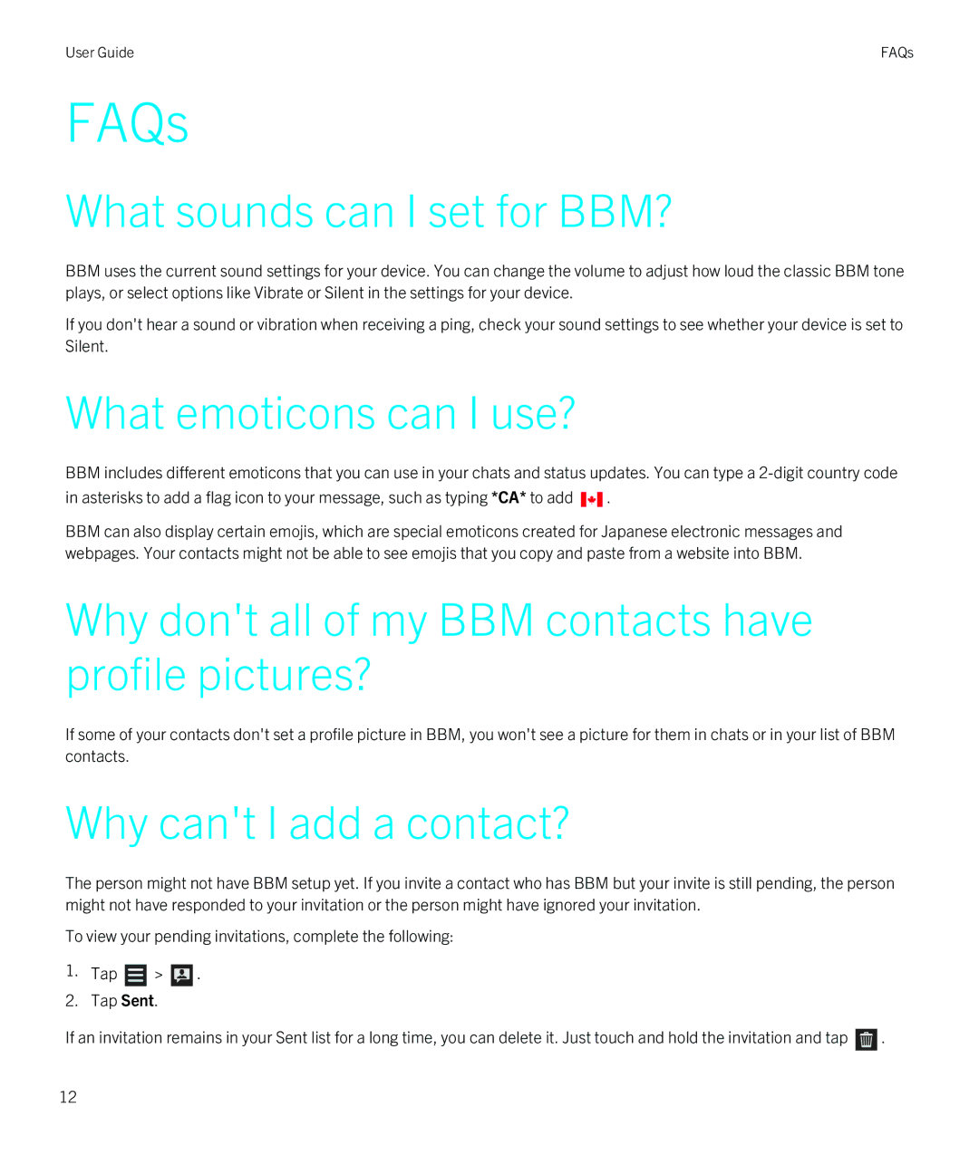 Blackberry 1 manual FAQs, What sounds can I set for BBM?, What emoticons can I use?, Why cant I add a contact? 