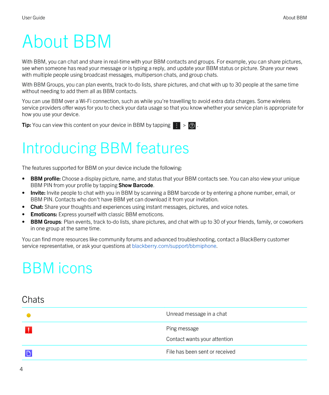 Blackberry 1 manual About BBM, Introducing BBM features, BBM icons 