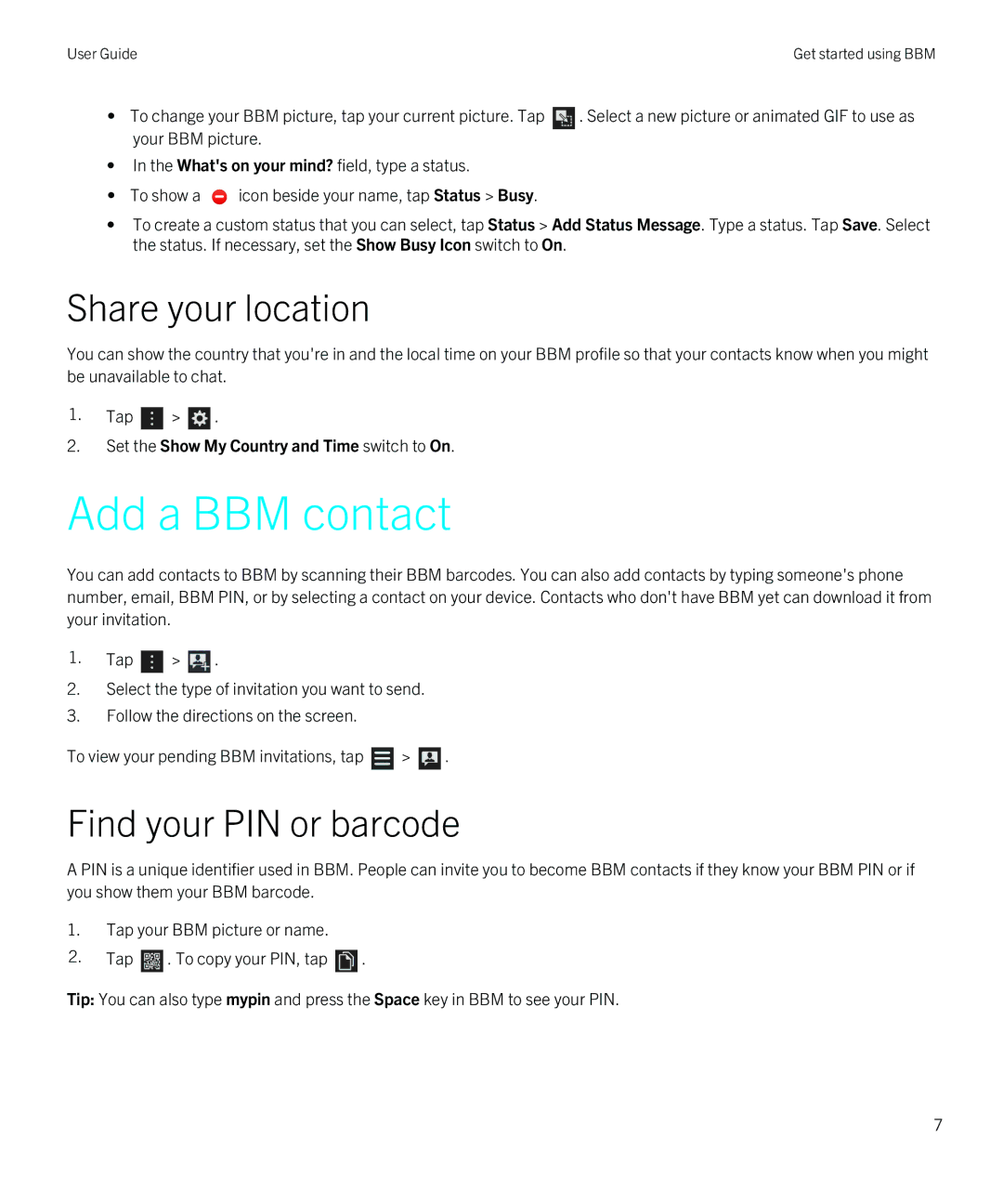 Blackberry 1 manual Add a BBM contact, Share your location, Find your PIN or barcode 