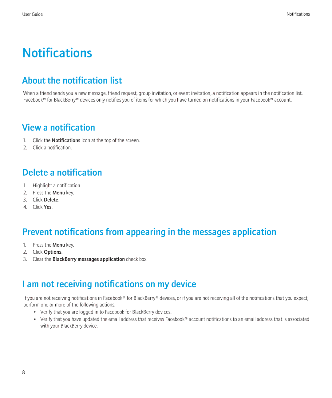 Blackberry 1.7 manual Notifications, About the notification list, View a notification, Delete a notification 