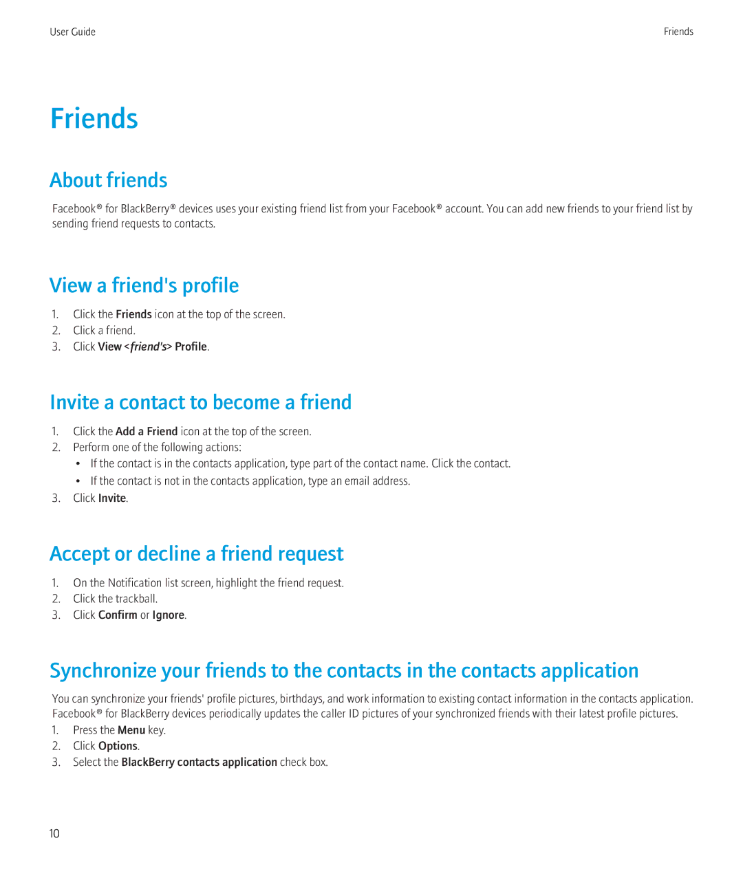 Blackberry 1.7 manual Friends, About friends, View a friends profile, Invite a contact to become a friend 