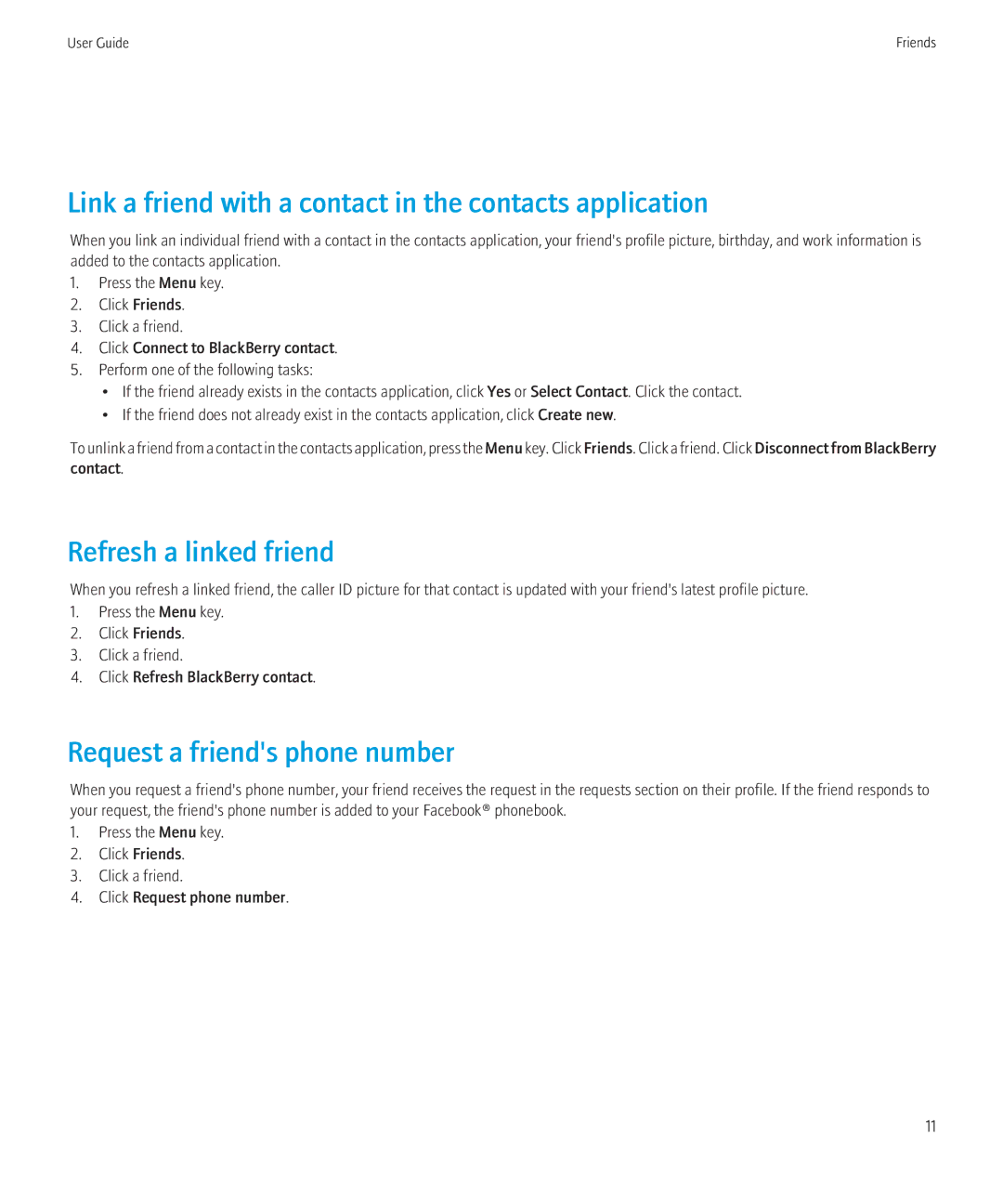 Blackberry 1.7 manual Link a friend with a contact in the contacts application, Refresh a linked friend 