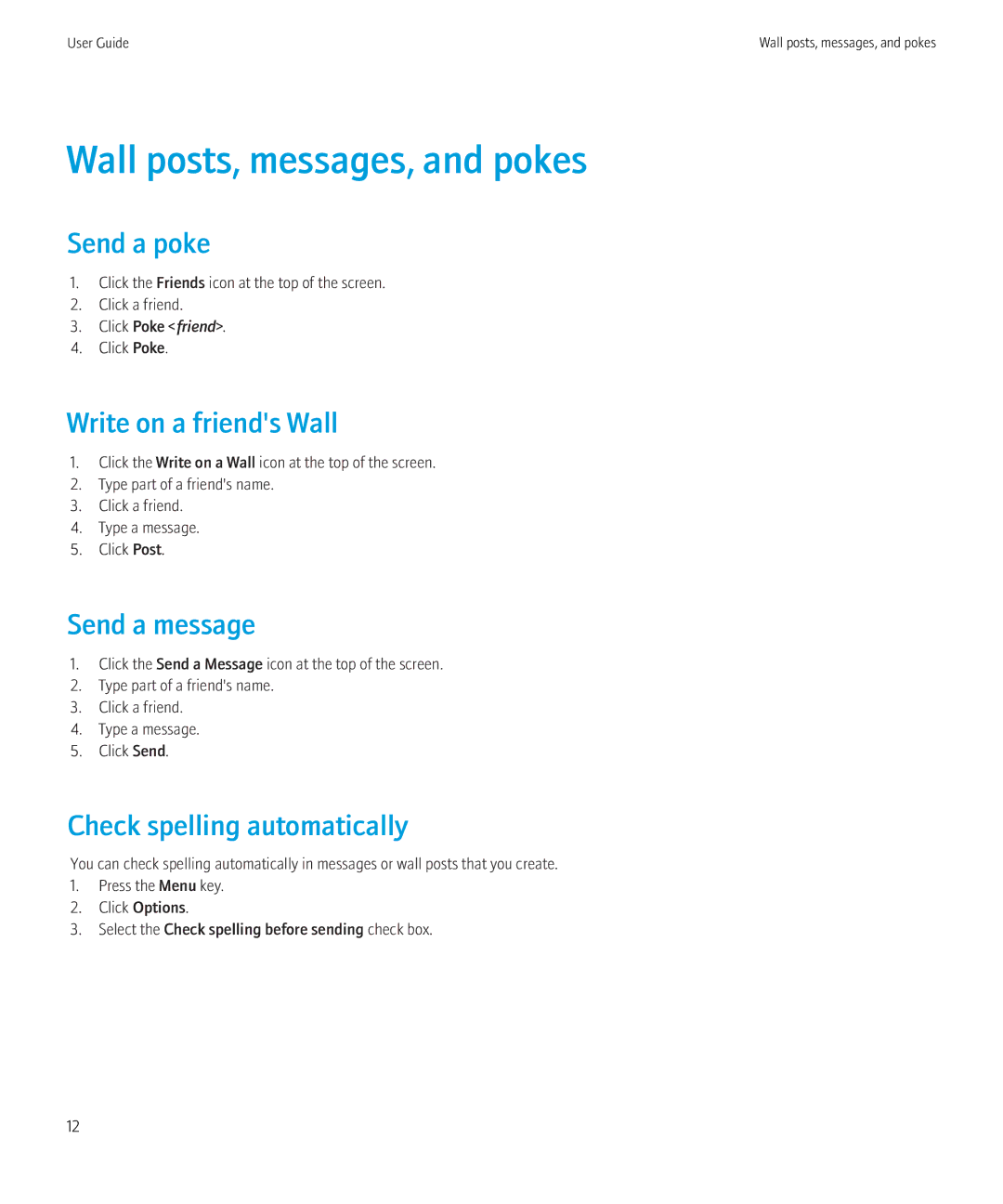 Blackberry 1.7 manual Wall posts, messages, and pokes, Send a poke, Write on a friends Wall, Send a message 