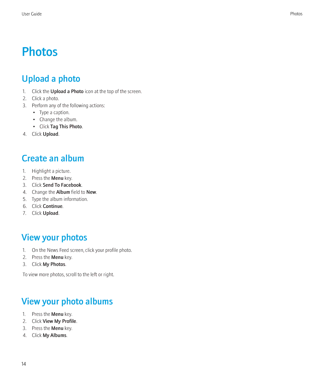 Blackberry 1.7 manual Photos, Upload a photo, Create an album, View your photos, View your photo albums 