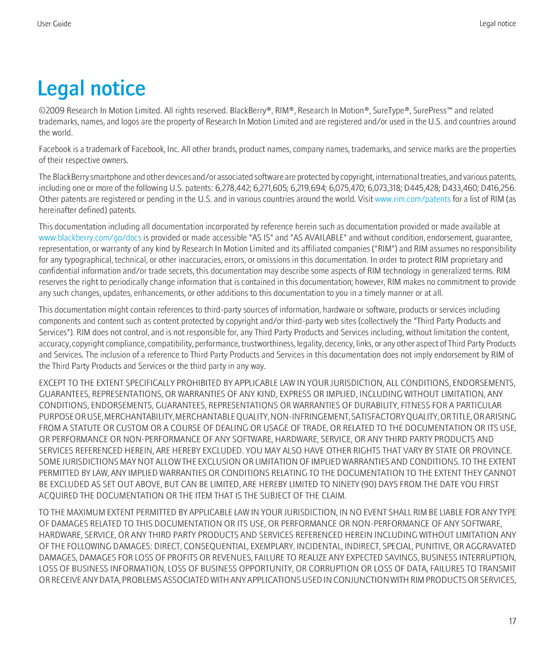 Blackberry 1.7 manual Legal notice 