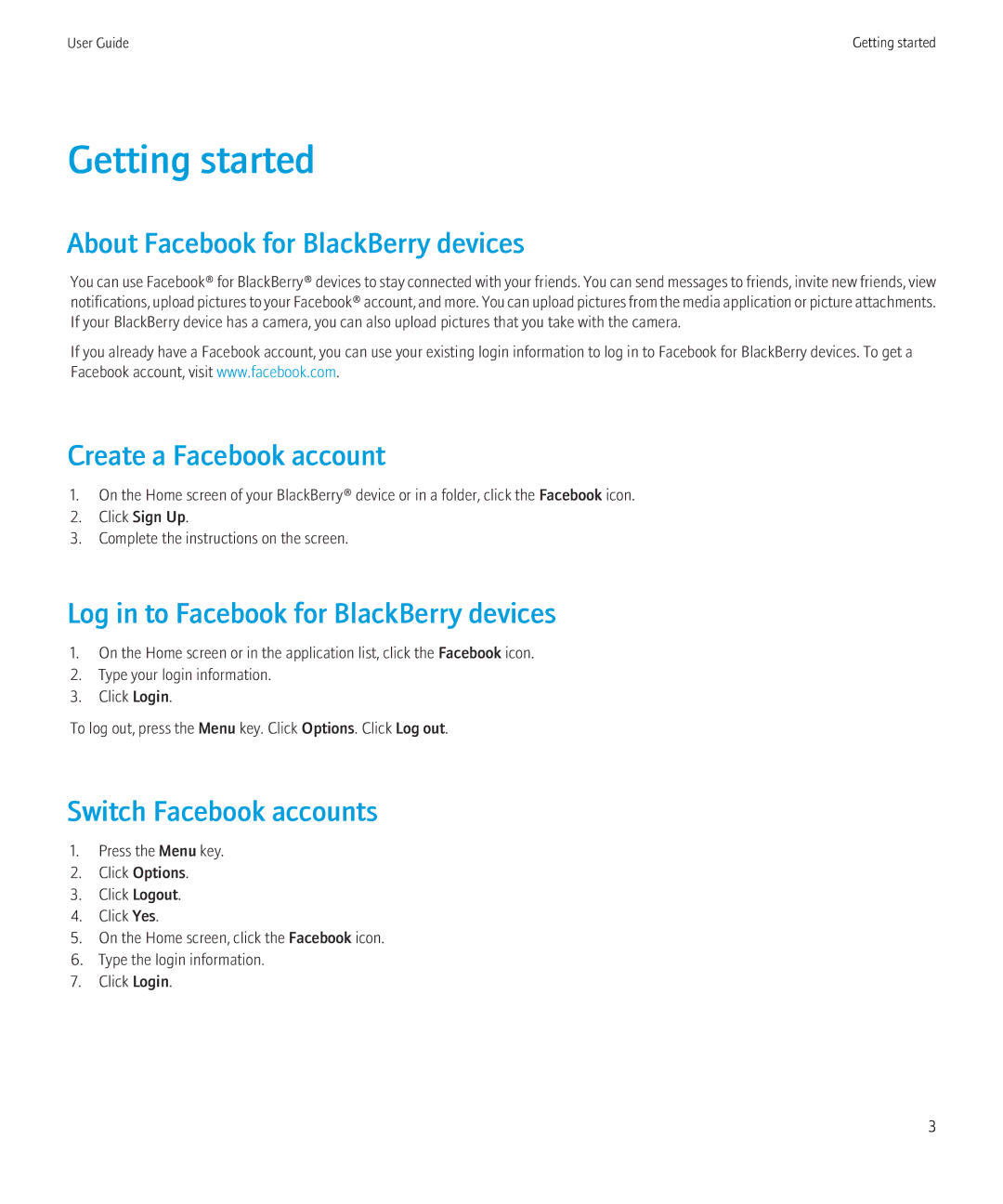 Blackberry 1.7 Getting started, About Facebook for BlackBerry devices, Create a Facebook account, Switch Facebook accounts 