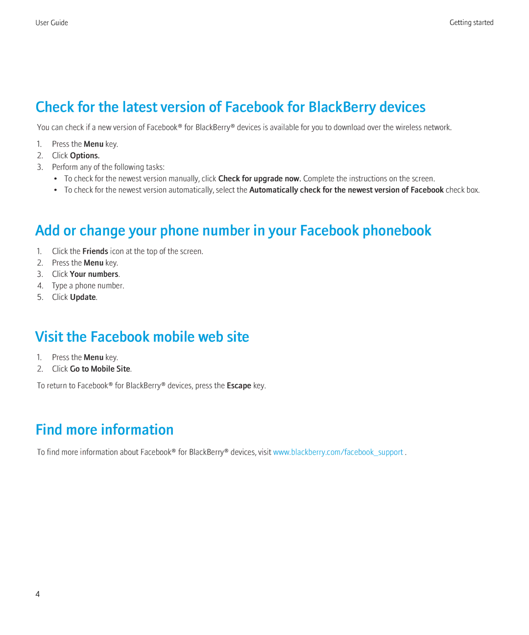 Blackberry 1.7 manual Add or change your phone number in your Facebook phonebook, Visit the Facebook mobile web site 