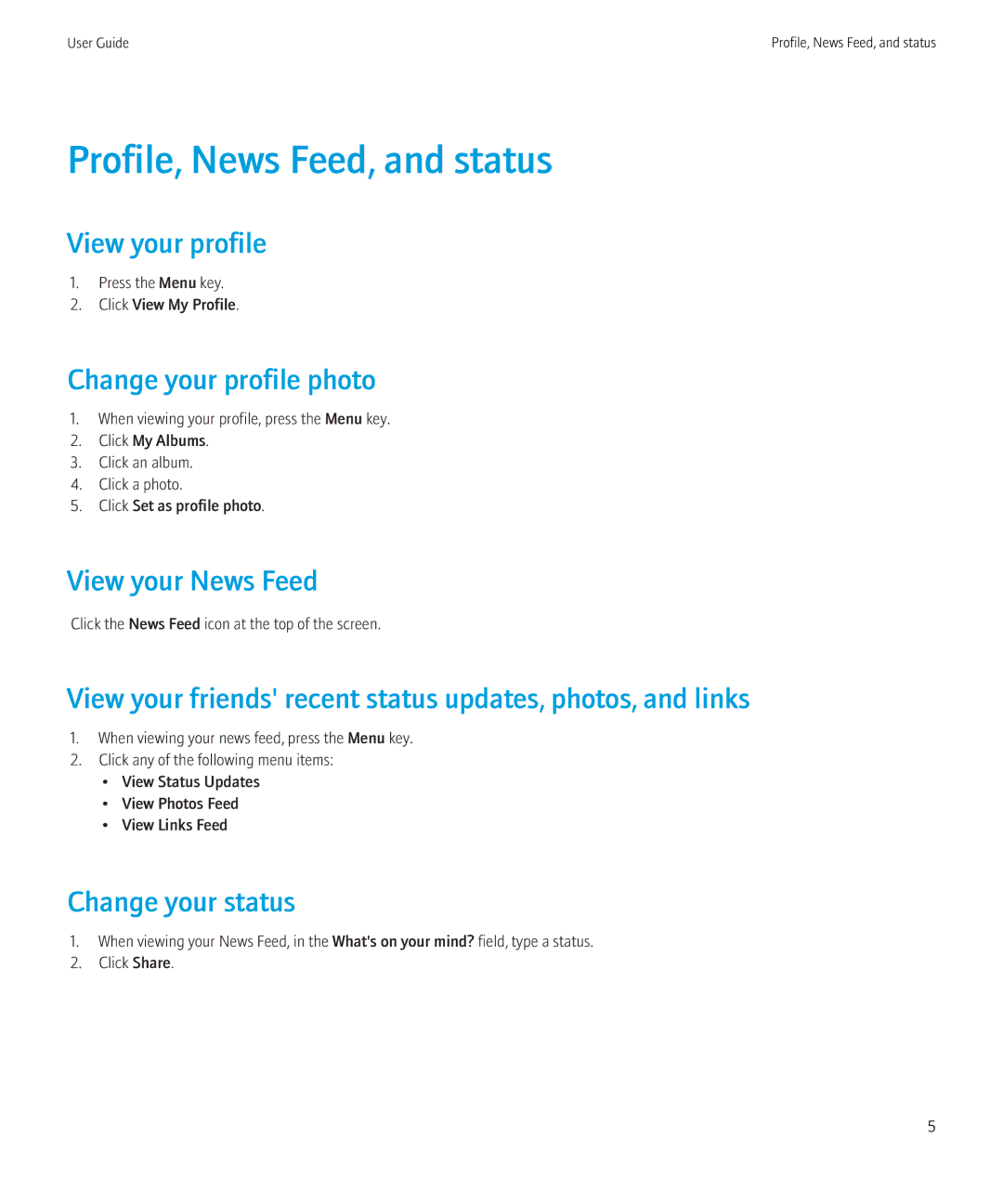 Blackberry 1.7 manual Profile, News Feed, and status 