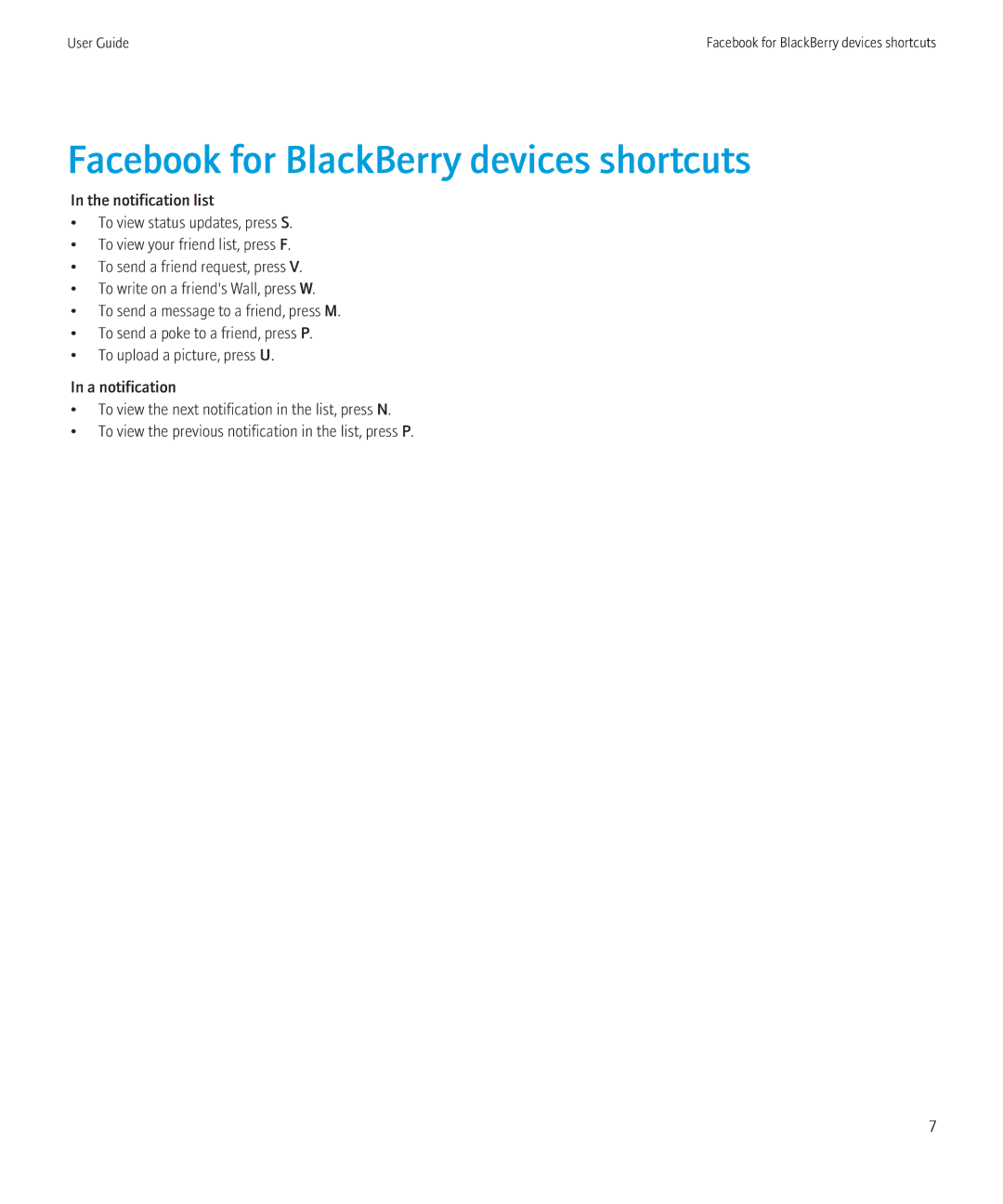 Blackberry 1.7 manual Facebook for BlackBerry devices shortcuts 